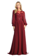 Burgundy long sleeve chiffon a-line prom gown, front view