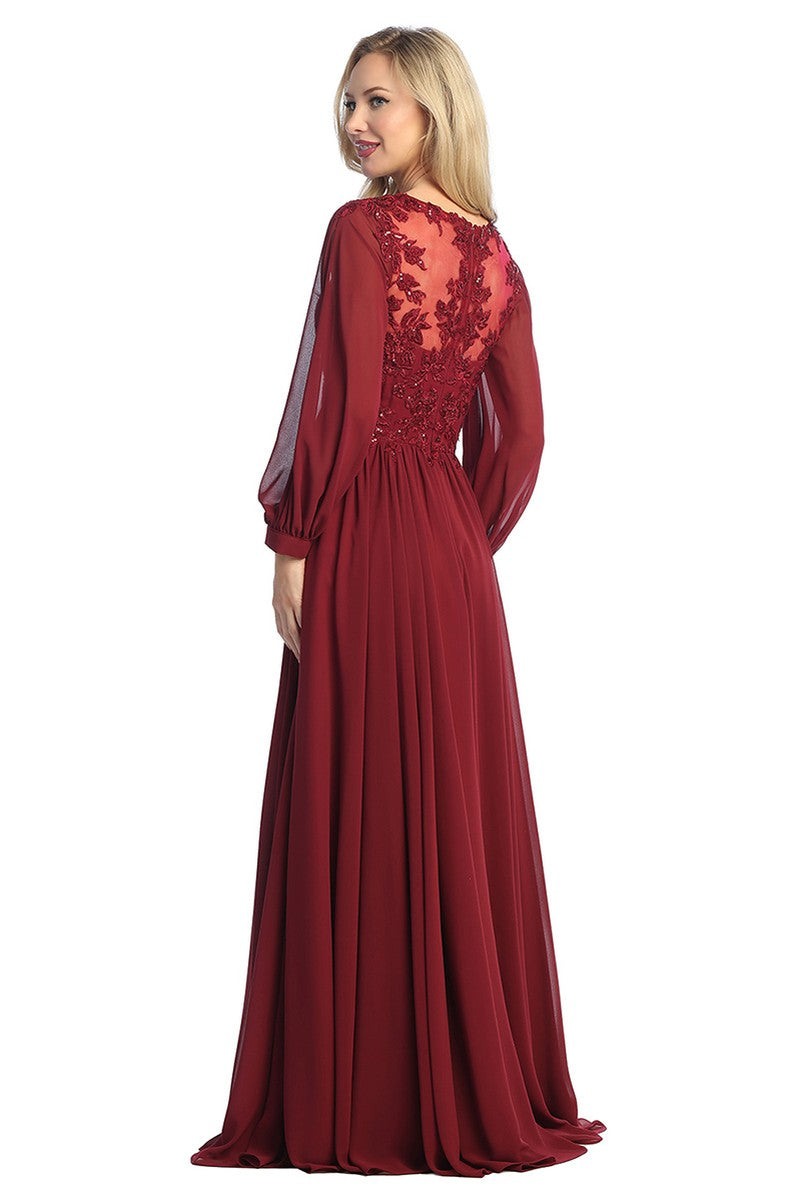 Burgundy long sleeve chiffon a-line prom gown, back view