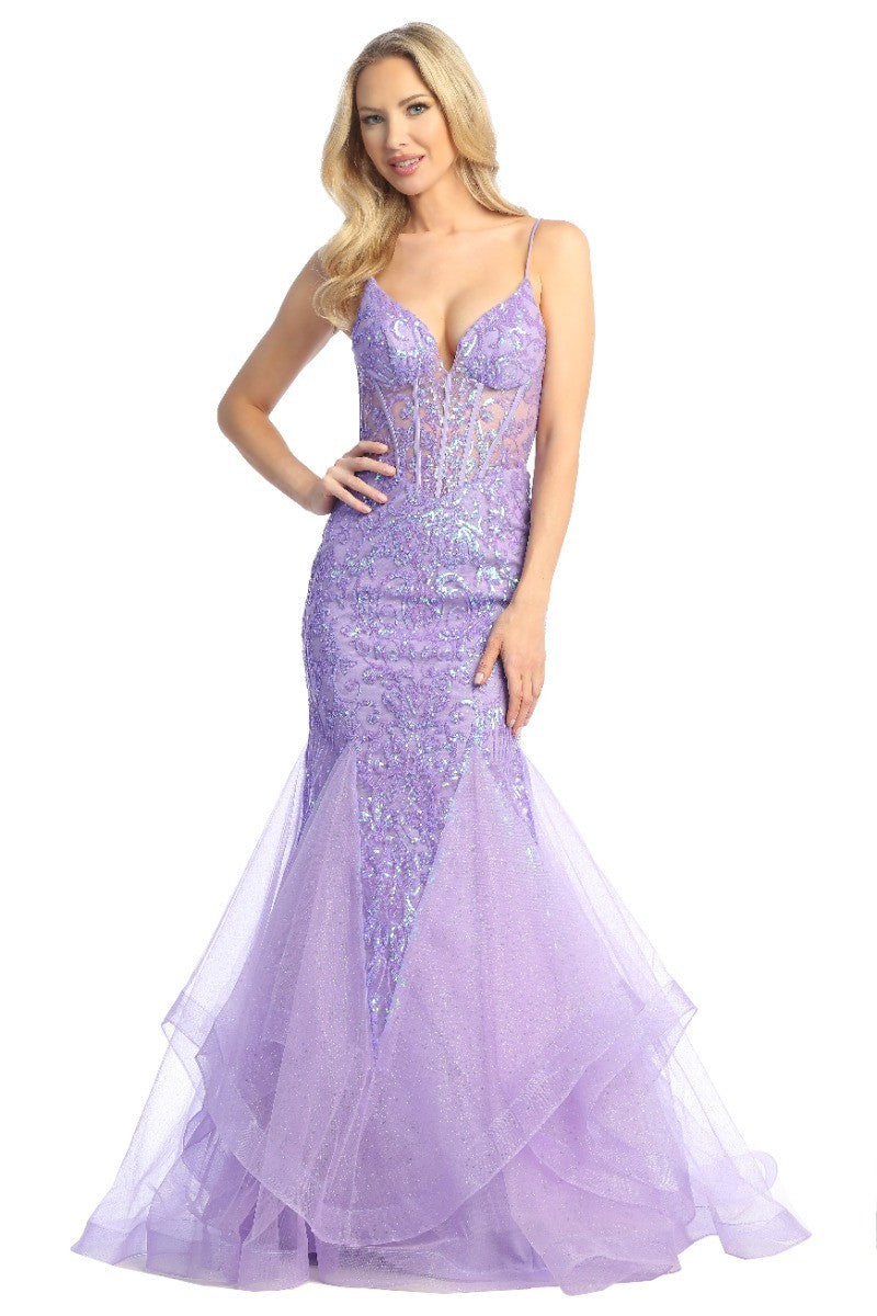 Lavender sleeveless embellished tulle mermaid prom gown, front view