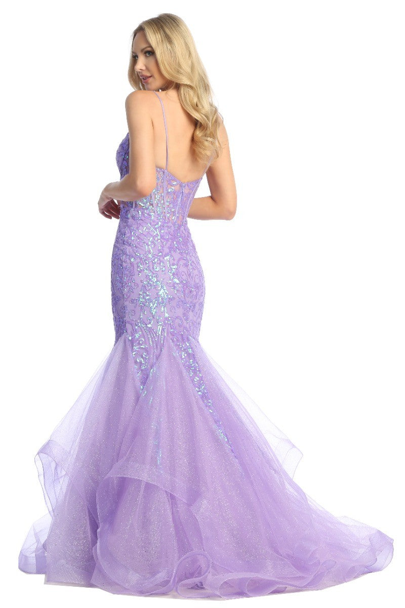 Lavender sleeveless embellished tulle mermaid prom gown, back view