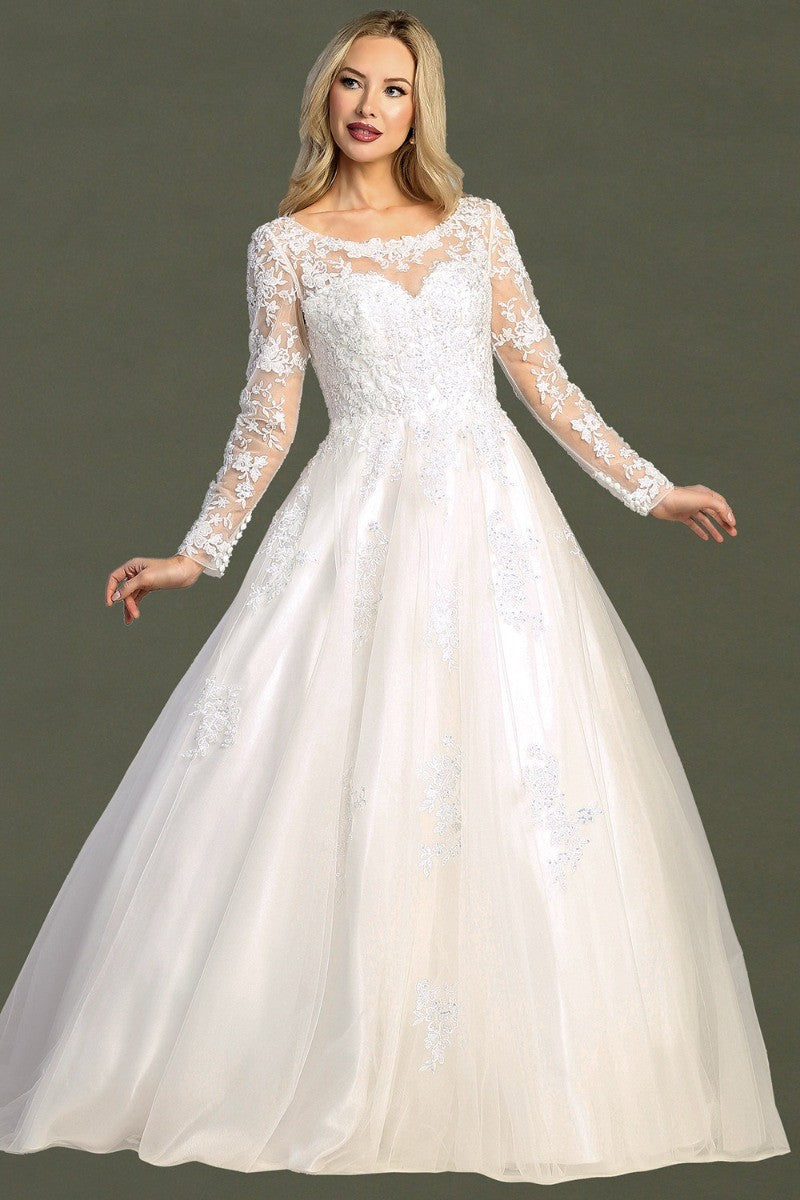 Off White long sleeve tulle a-line wedding gown, front view