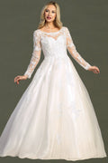 Off White long sleeve tulle a-line wedding gown, front view