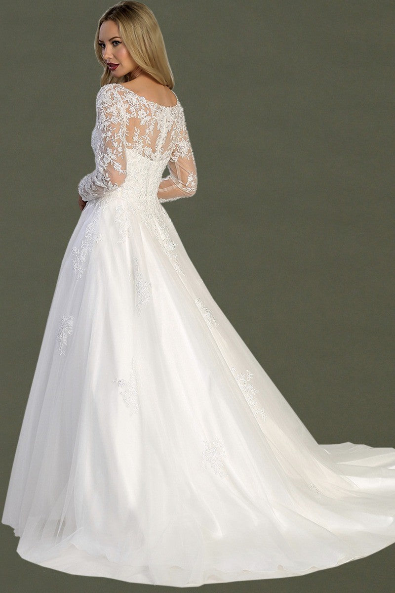 Off White long sleeve tulle a-line wedding gown, back view