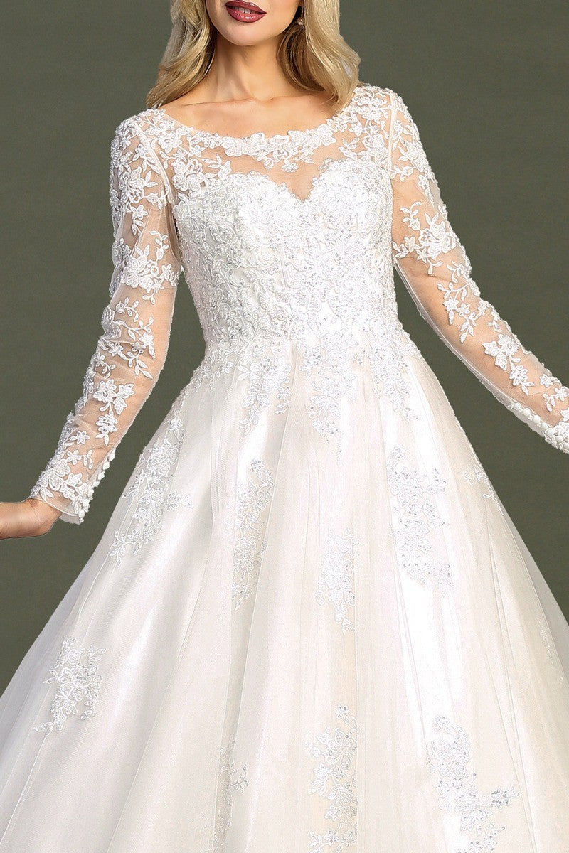 Off White long sleeve tulle a-line wedding gown, alternate view