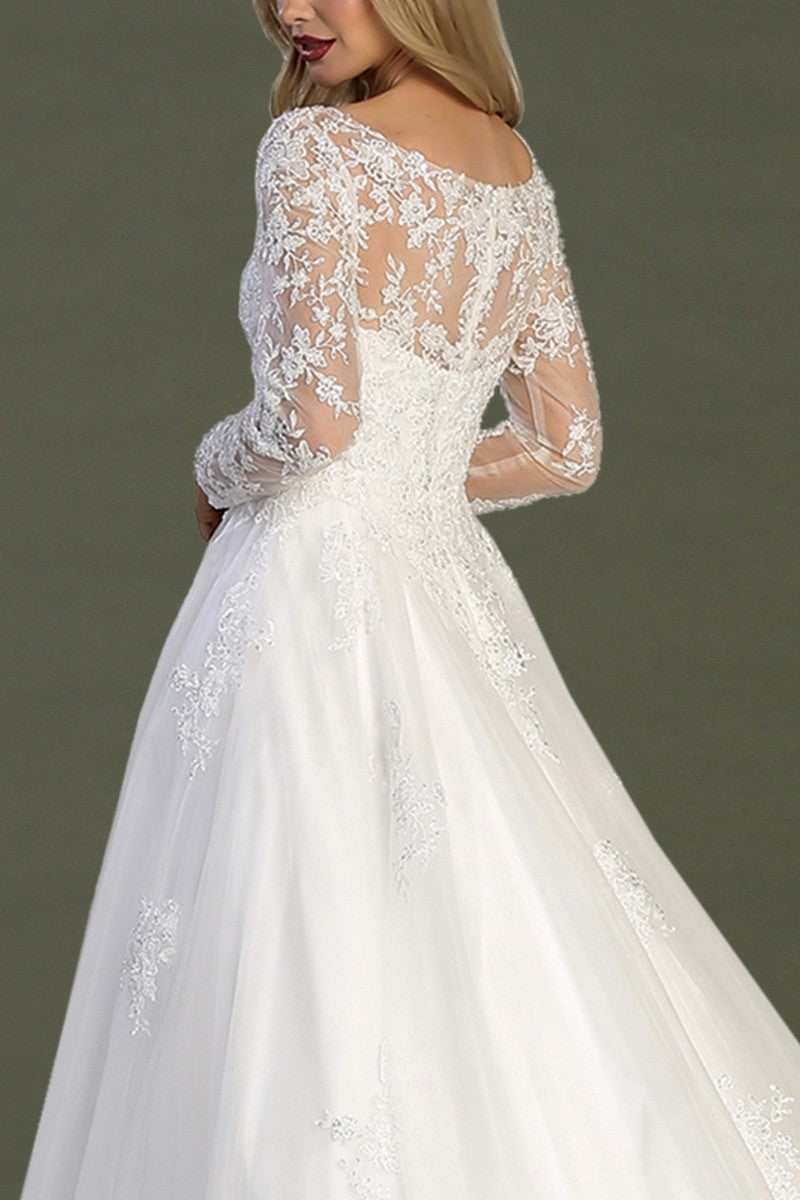 Off White long sleeve tulle a-line wedding gown, alternate view