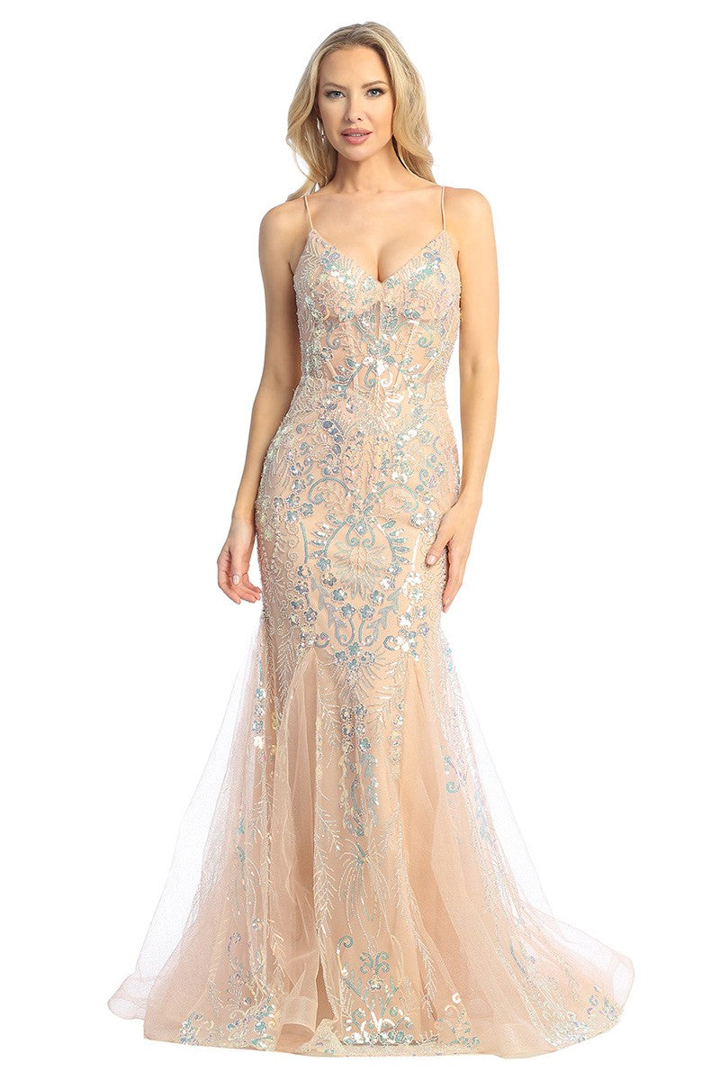 Champagne sleeveless embellished tulle mermaid prom gown, front view
