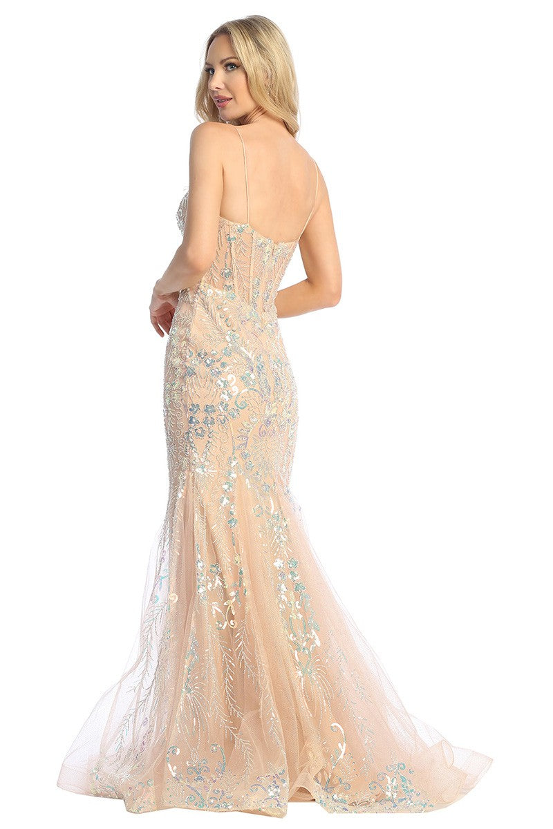 Champagne sleeveless embellished tulle mermaid prom gown, back view