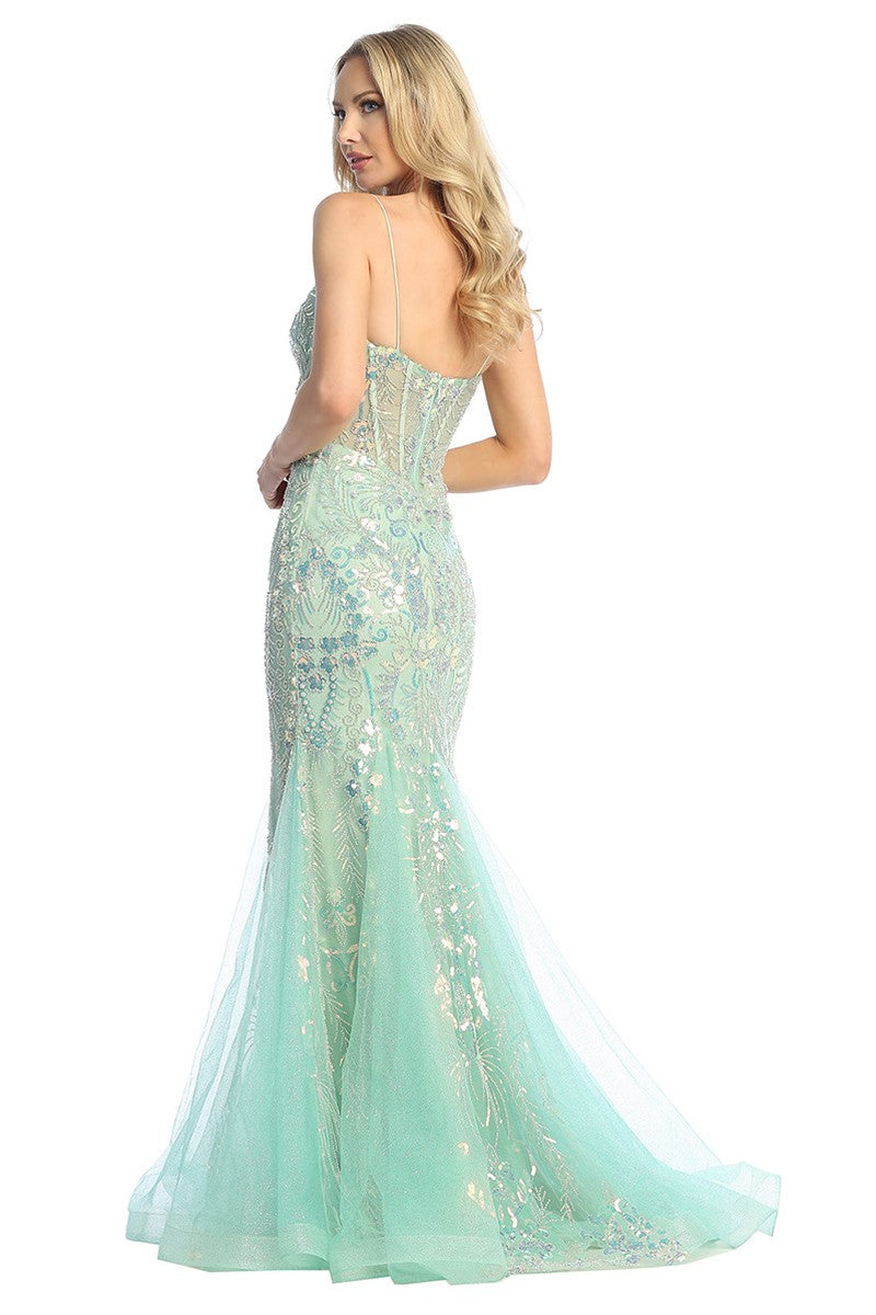 Mint sleeveless embellished tulle mermaid prom gown, back view