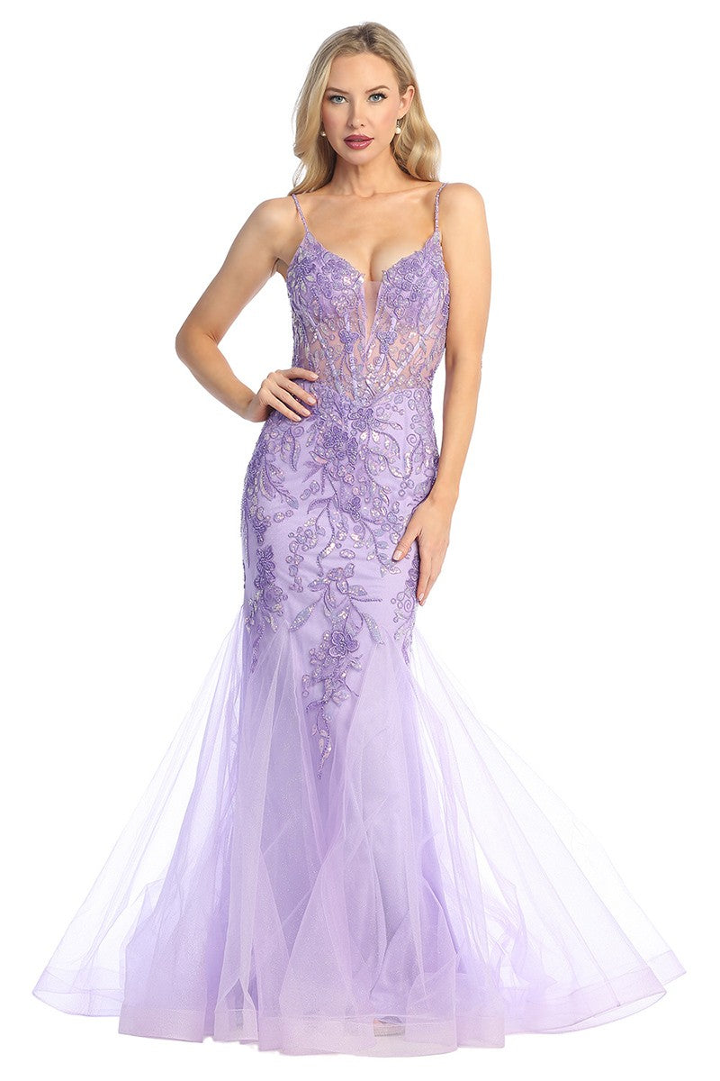 Lavender deep v neck tulle mermaid prom gown, front view