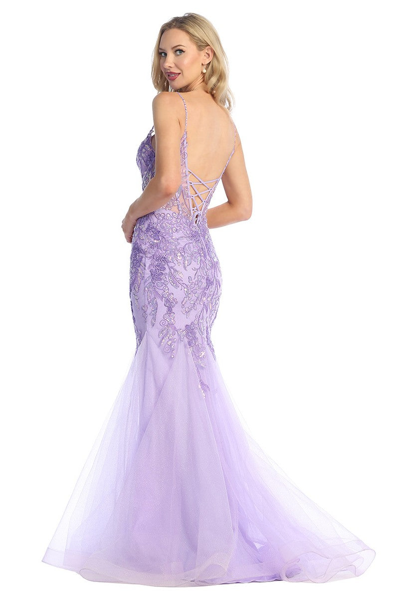 Lavender deep v neck tulle mermaid prom gown, back view