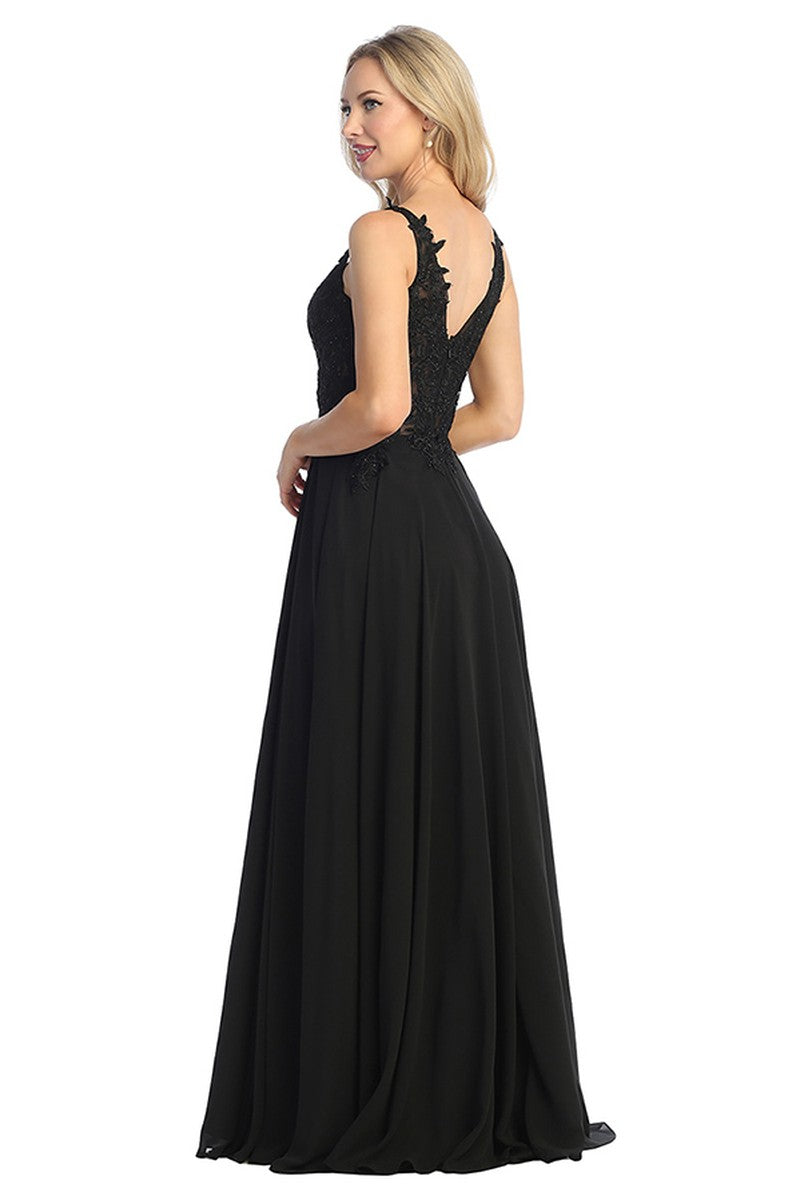 Black sleeveless chiffon a-line prom gown, front view