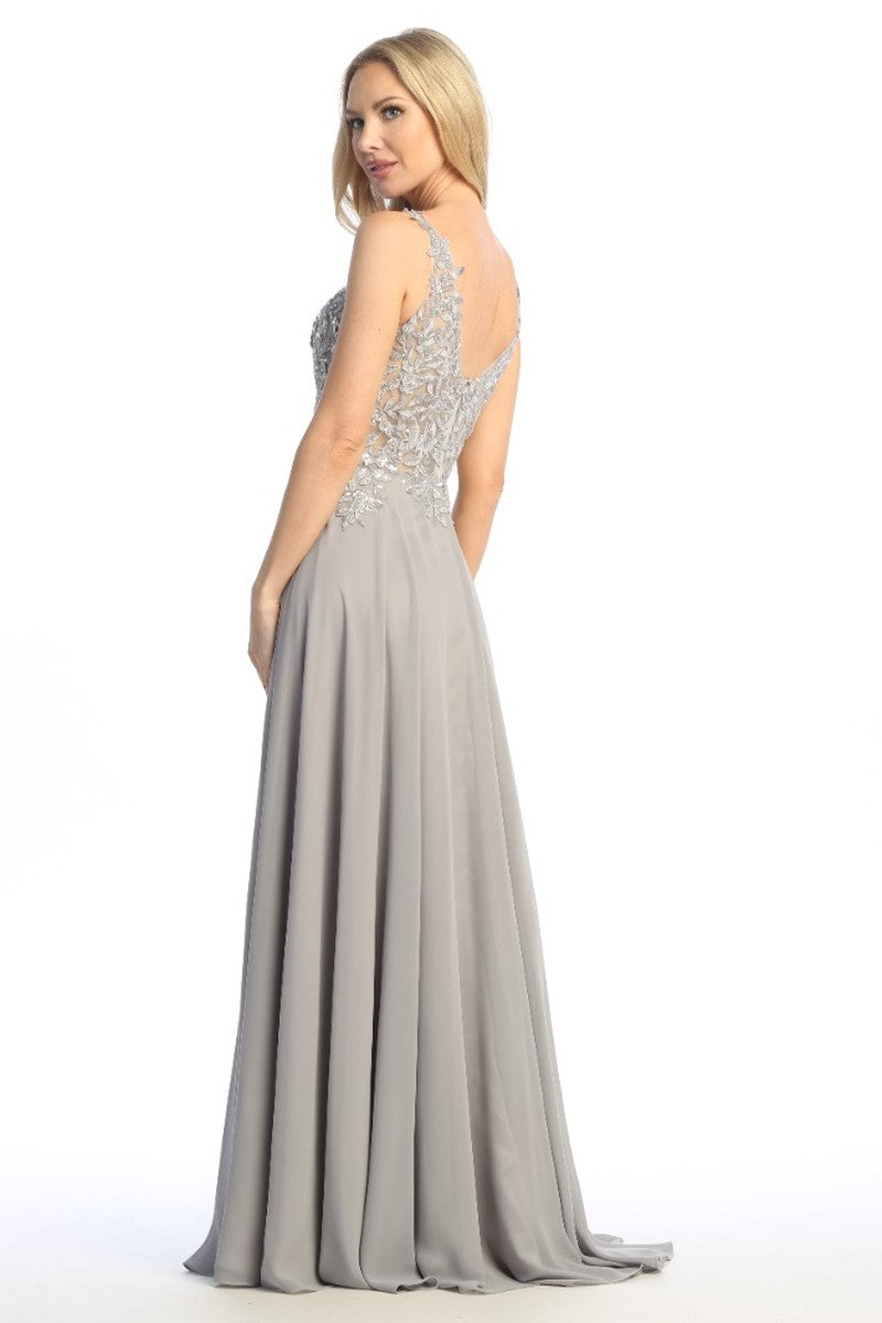 Black sleeveless chiffon a-line prom gown, back view
