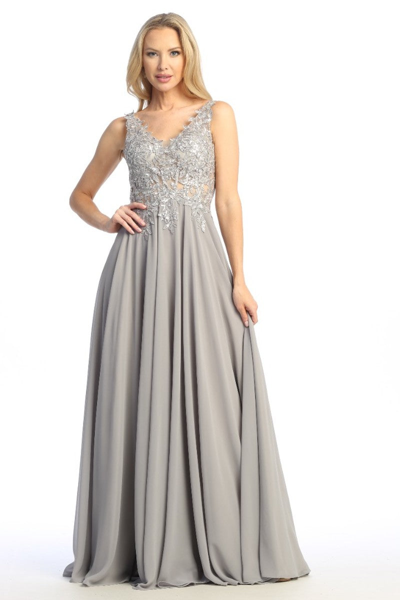 Burgundy sleeveless chiffon a-line prom gown, back view