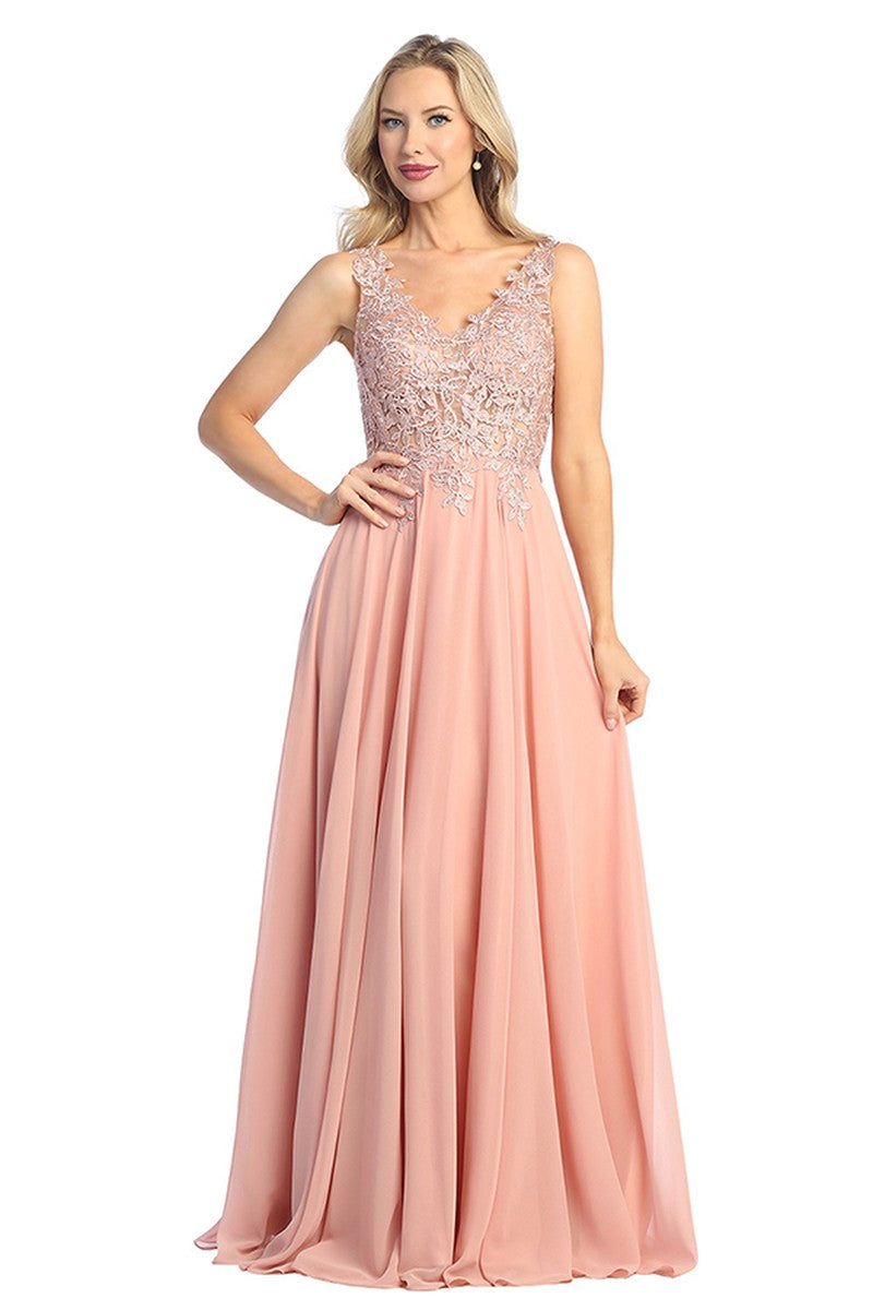 Dusty Rose sleeveless chiffon a-line prom gown, back view