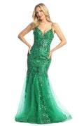 Green v neck sequin tulle mermaid prom gown, front view