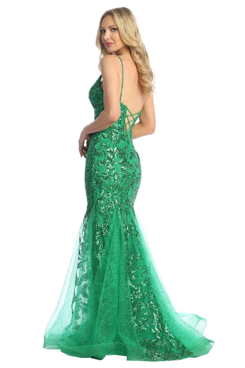 Green v neck sequin tulle mermaid prom gown, back view