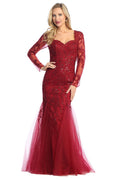 Burgundy long sleeve sequin tulle mermaid prom gown, front view