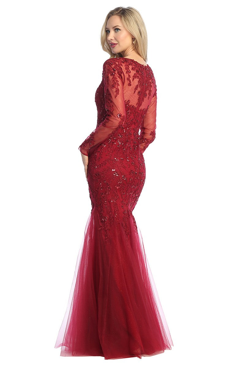 Burgundy long sleeve sequin tulle mermaid prom gown, back view