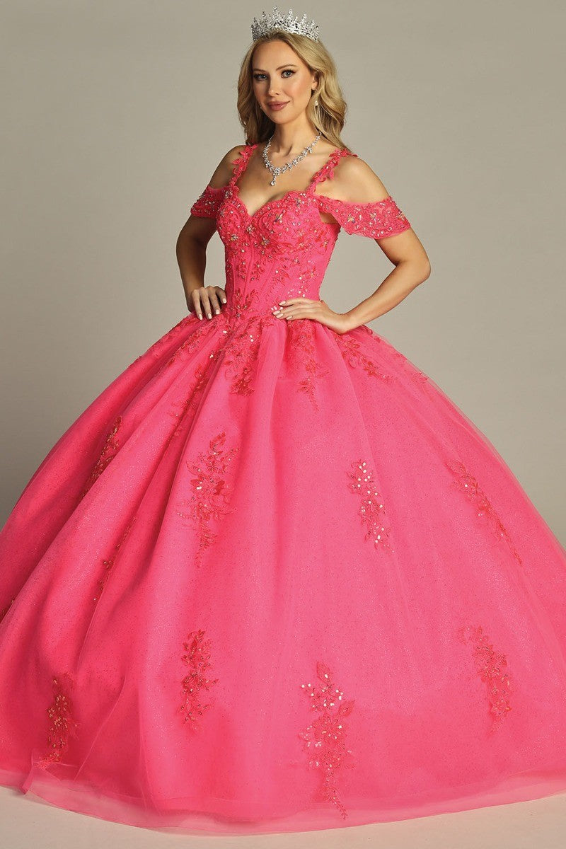 Pink off shoulder lace applique tulle prom gown, front view