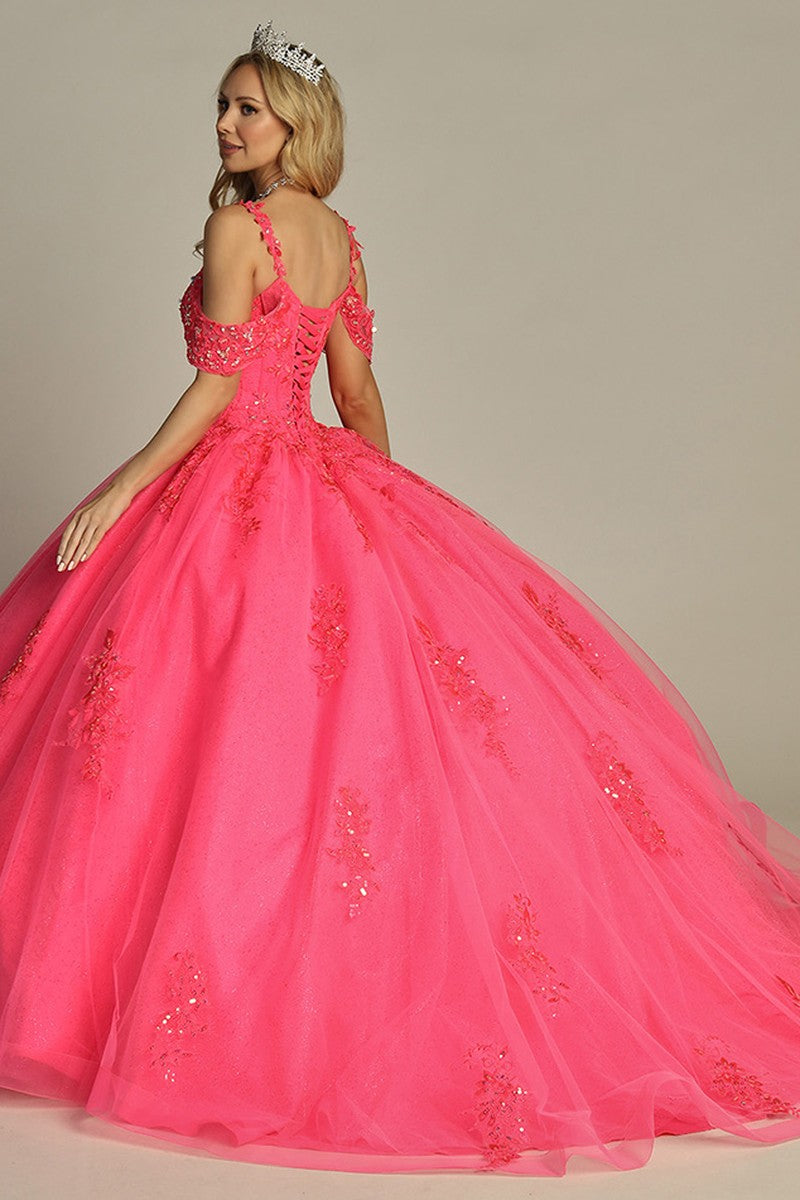 Pink off shoulder lace applique tulle prom gown, back view