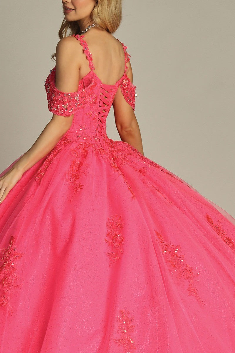 Pink off shoulder lace applique tulle prom gown, alternate view