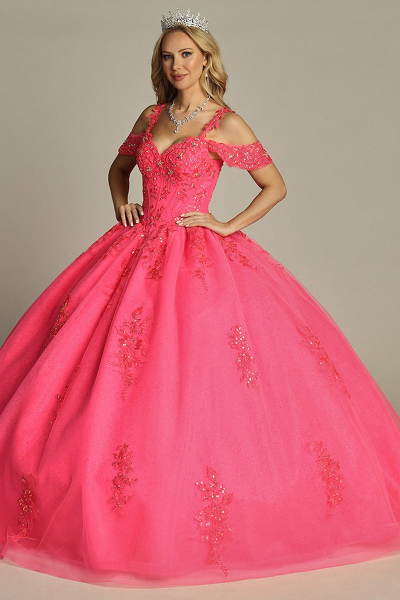 Pink off shoulder lace applique tulle prom gown, alternate view