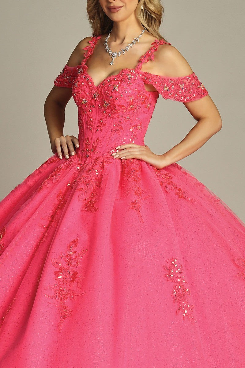 Pink off shoulder lace applique tulle prom gown, alternate view