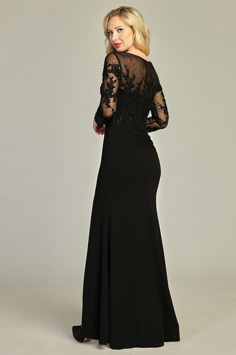 Black long sleeve fitted mother of the bride gown, front view
