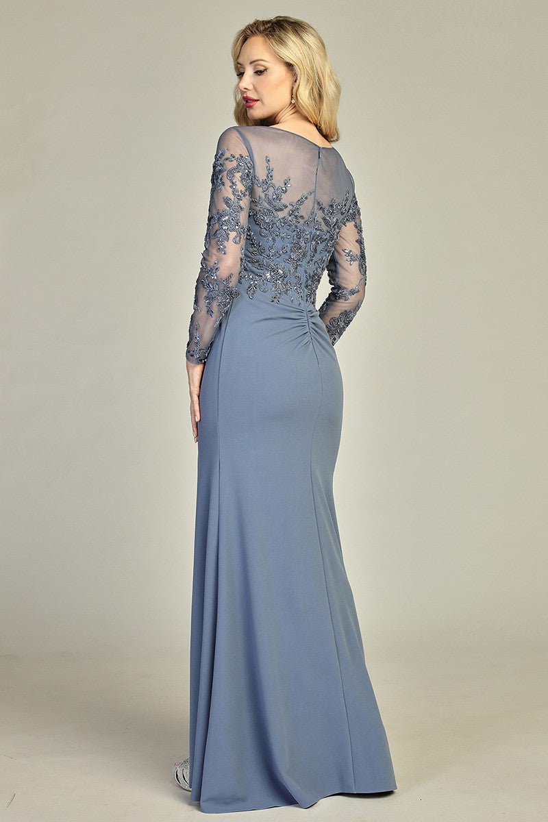 Black long sleeve fitted mother of the bride gown, back view