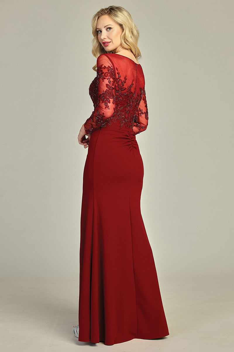 Burgundy long sleeve fitted mother of the bride gown, front view