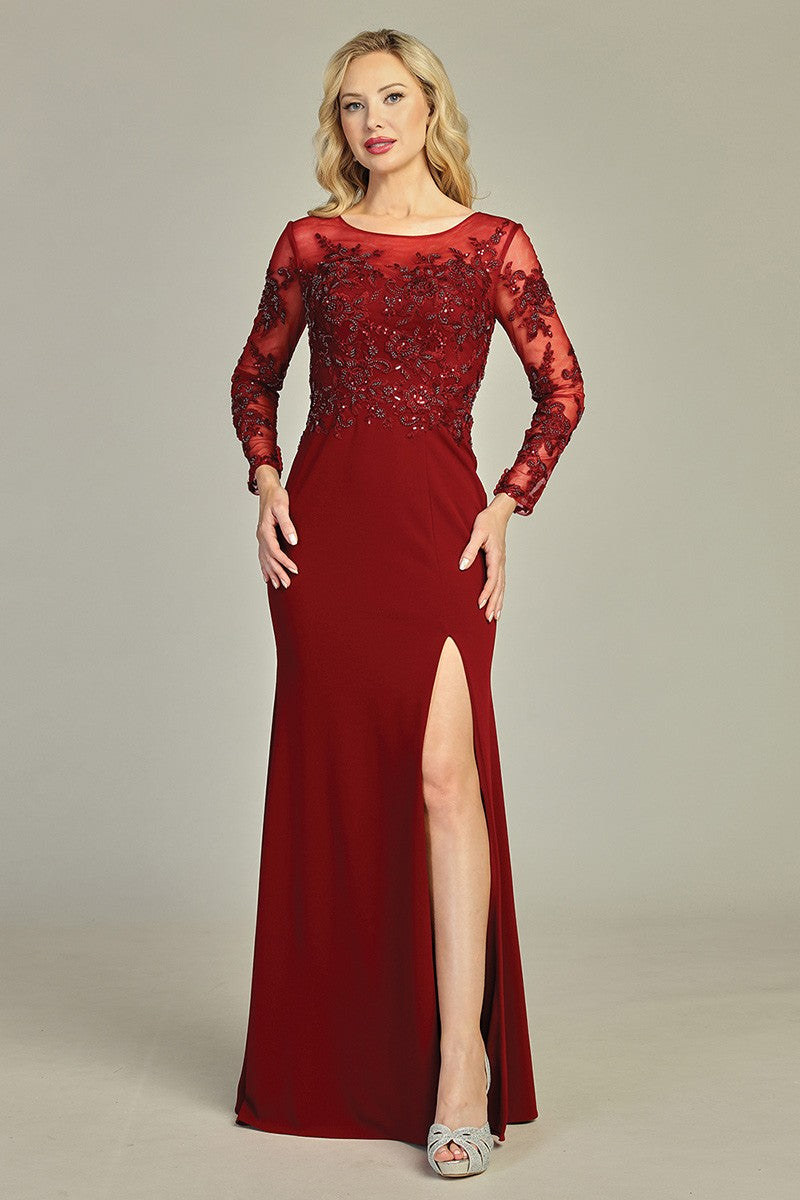 Burgundy long sleeve fitted mother of the bride gown, back view
