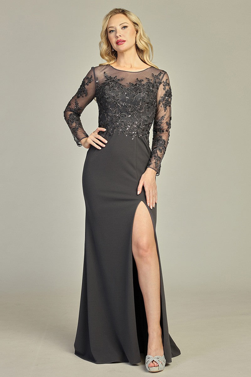 Charcoal long sleeve fitted mother of the bride gown, front view