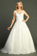 Off White cap sleeve lace applique tulle a-line wedding gown, front view