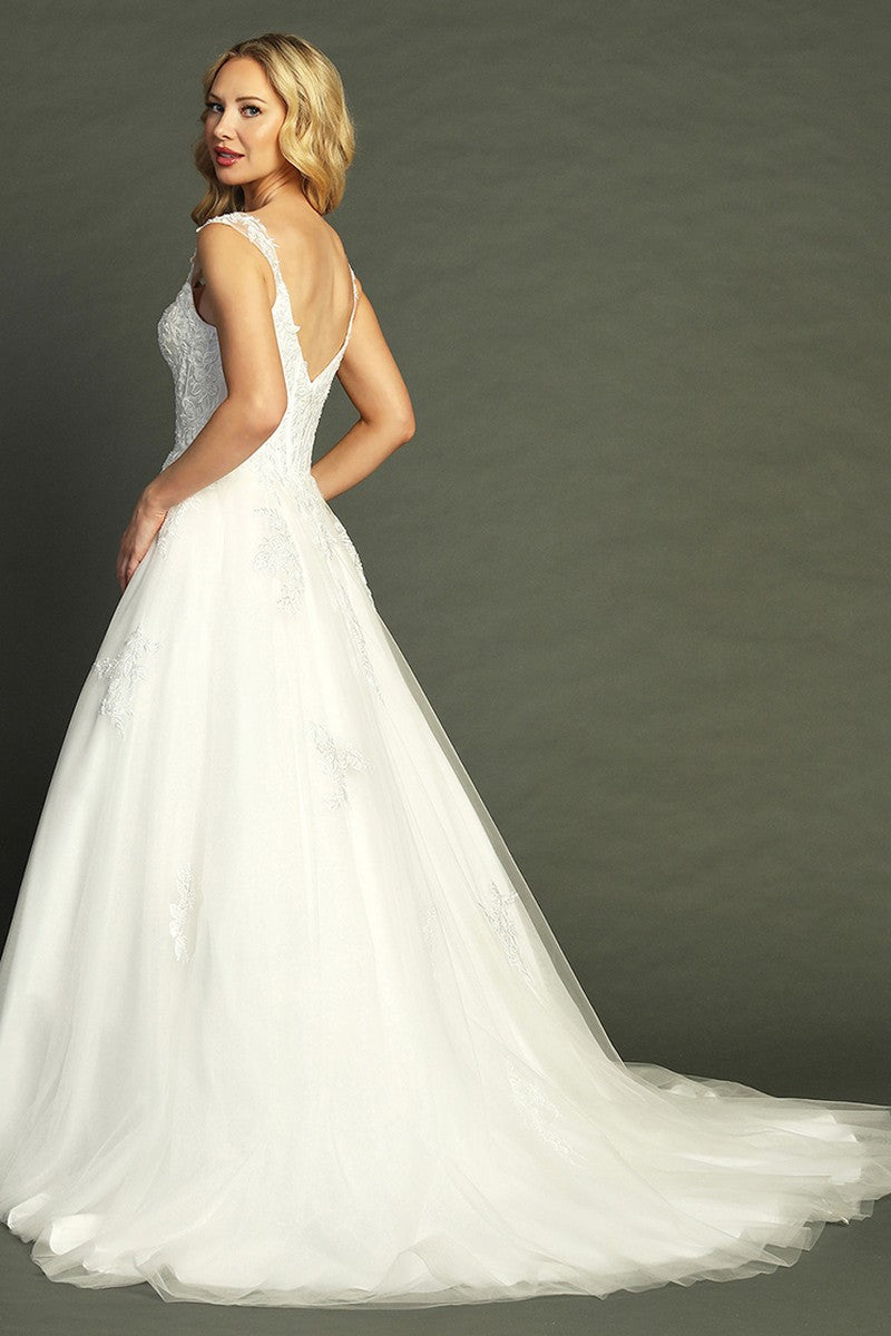 Off White cap sleeve lace applique tulle a-line wedding gown, back view