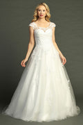 Off White cap sleeve lace applique tulle a-line wedding gown, front view