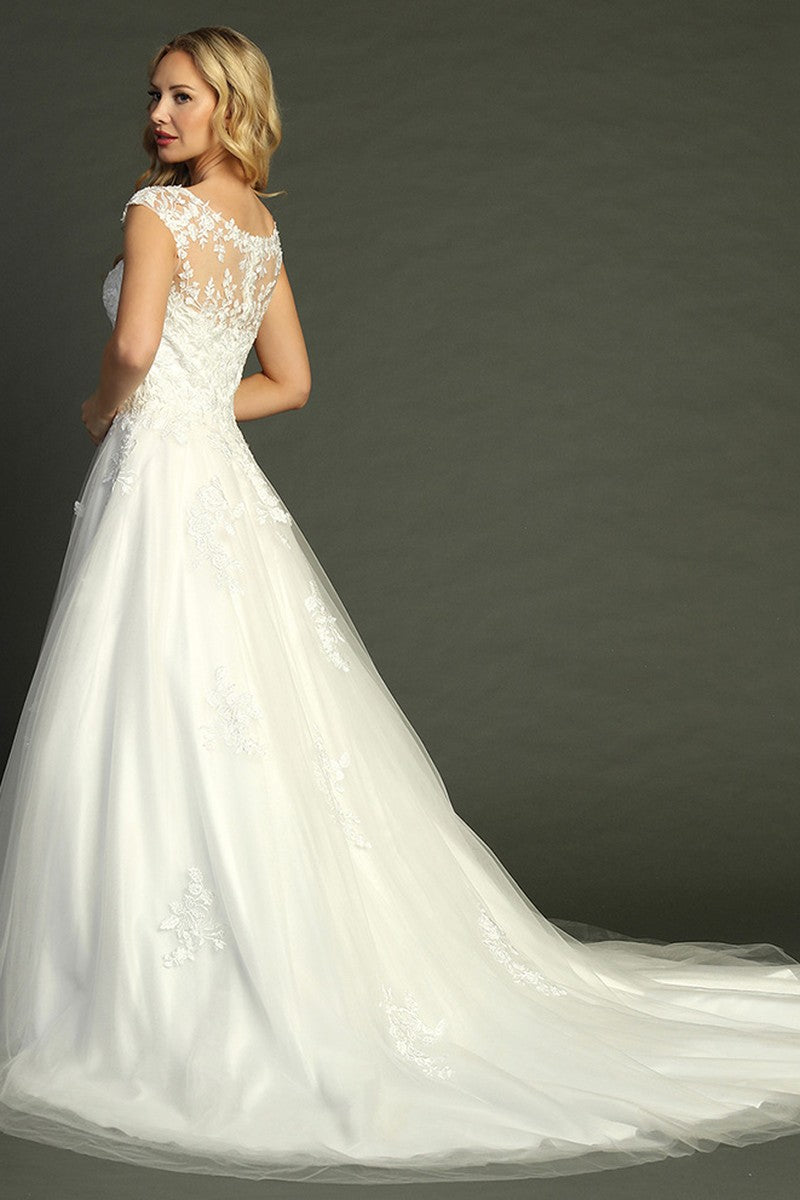 Off White cap sleeve lace applique tulle a-line wedding gown, back view