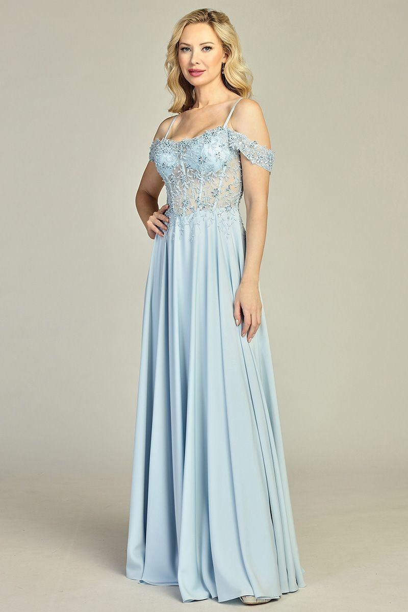 Blue cold shoulder satin a-line bridesmaid dress, front view
