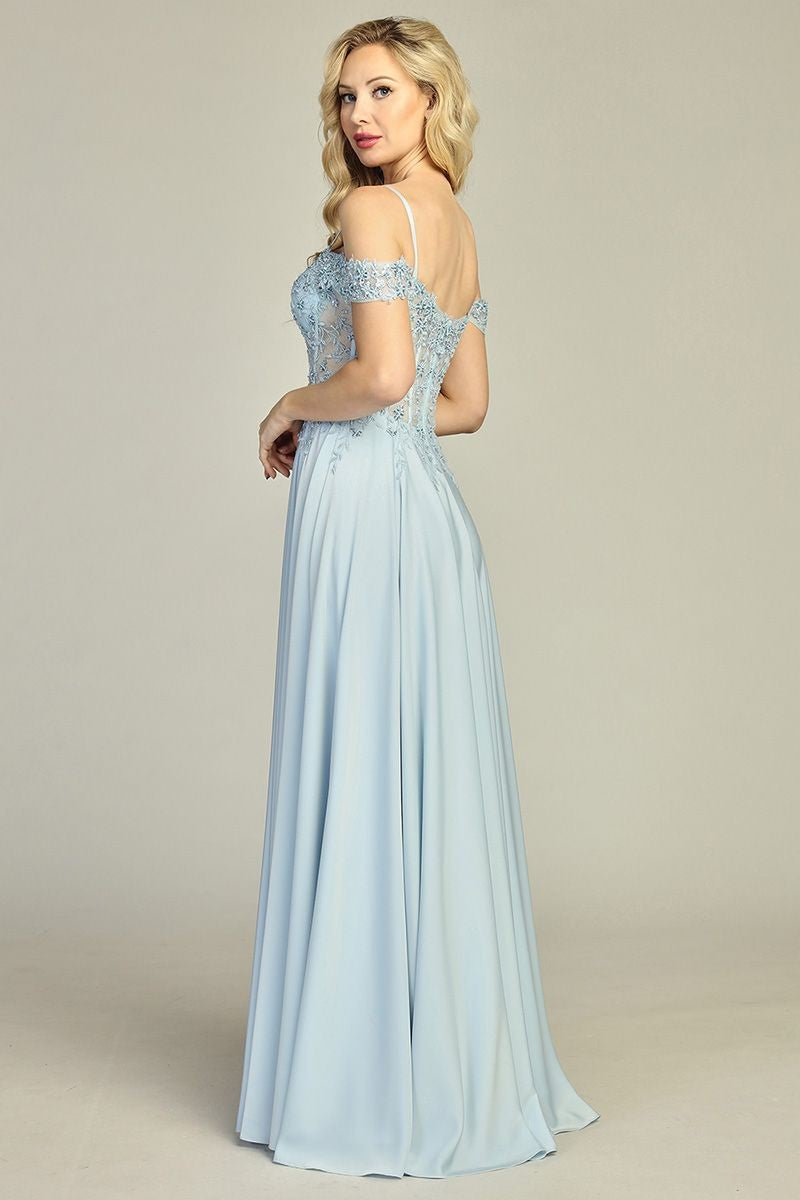 Blue cold shoulder satin a-line bridesmaid dress, back view
