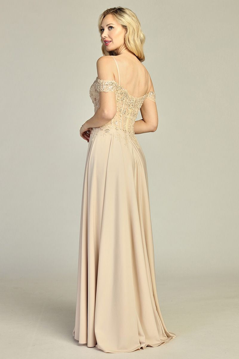 Champagne cold shoulder satin a-line bridesmaid dress, back view