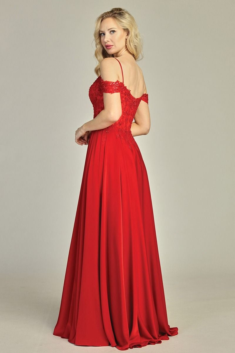 Red cold shoulder satin a-line bridesmaid dress, back view
