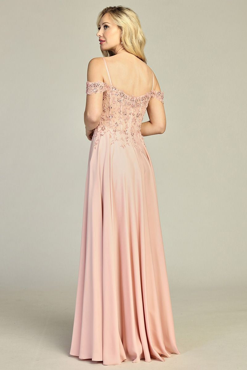 Rose cold shoulder satin a-line bridesmaid dress, back view