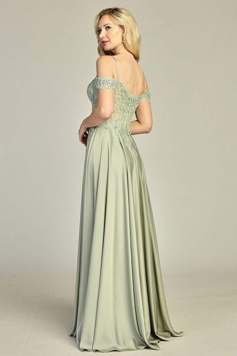 Sage cold shoulder satin a-line bridesmaid dress, back view