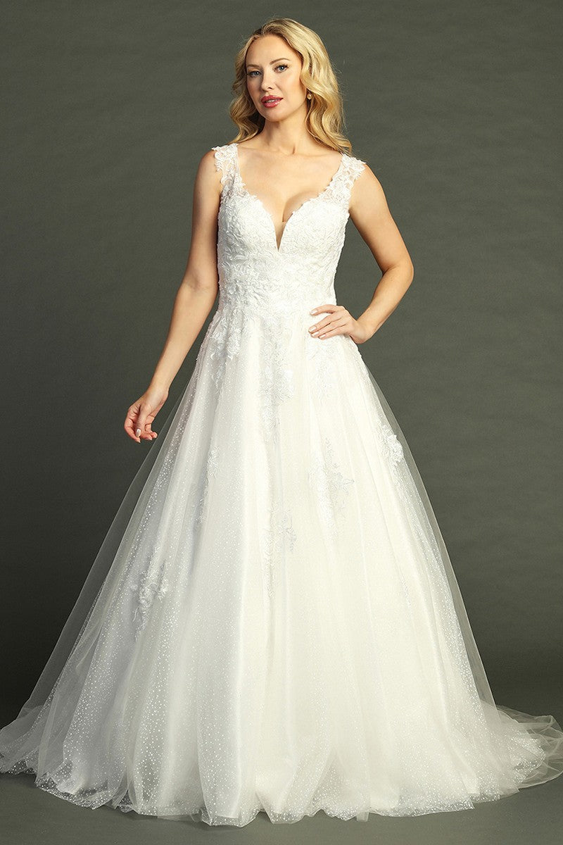 Off White sleeveless lace applique tulle a-line wedding gown, front view