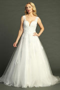 Off White sleeveless lace applique tulle a-line wedding gown, front view