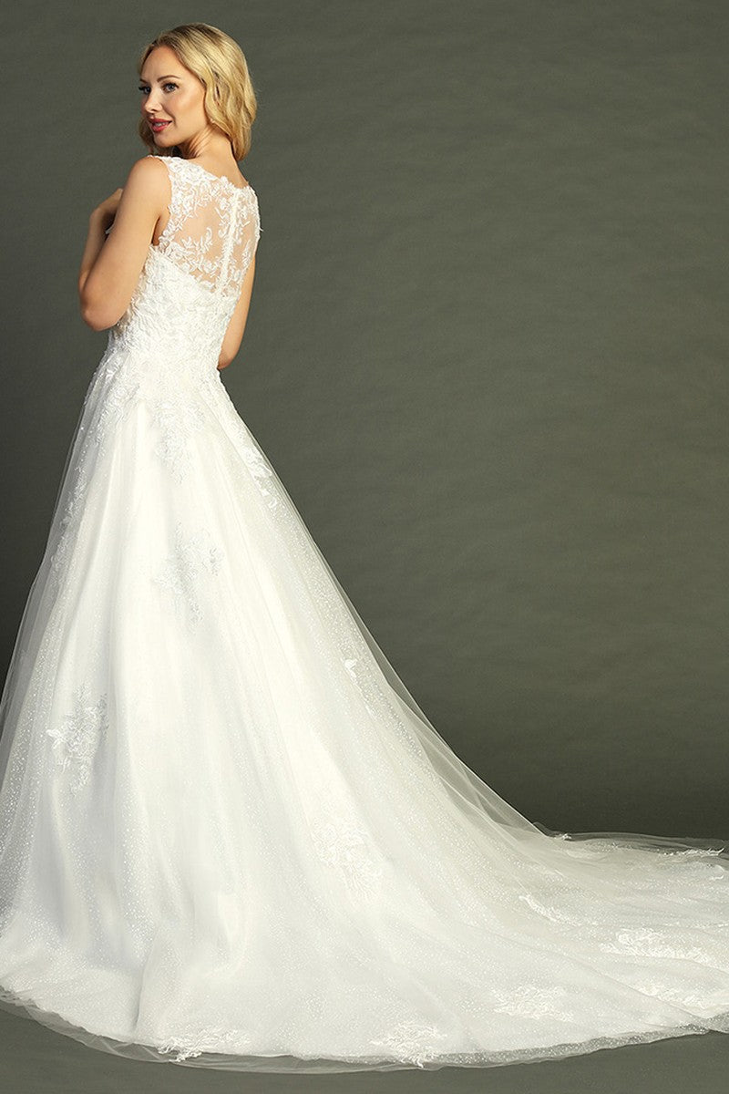 Off White sleeveless lace applique tulle a-line wedding gown, back view