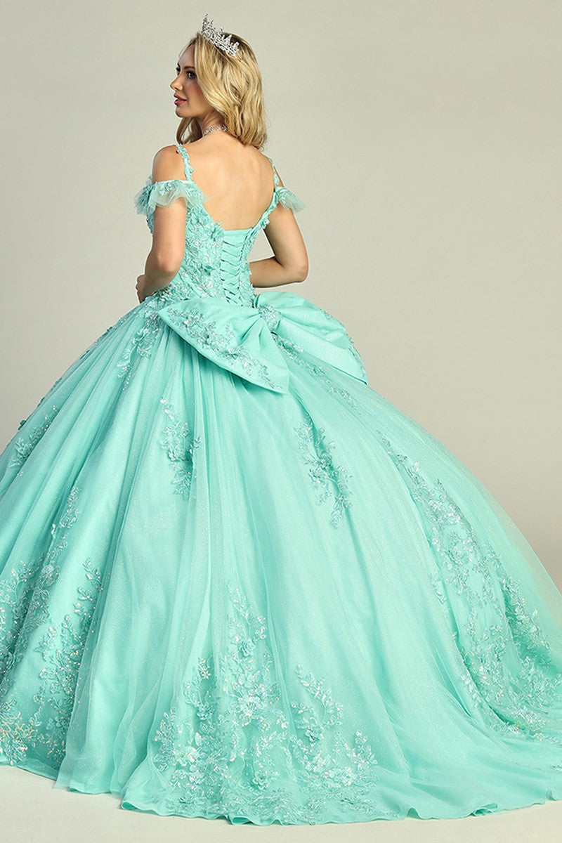 Mint off shoulder lace applique tulle prom gown, alternate view