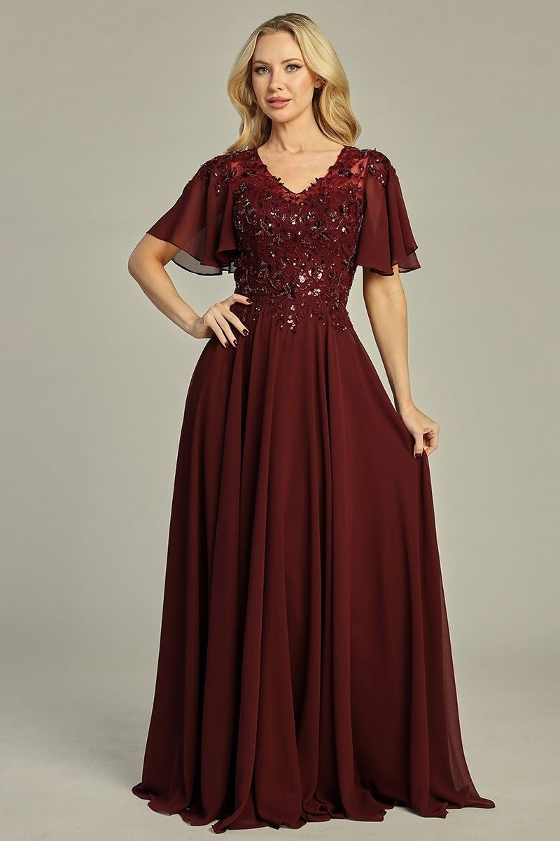Burgundy short sleeve chiffon a-line mother of the bride gown, front view