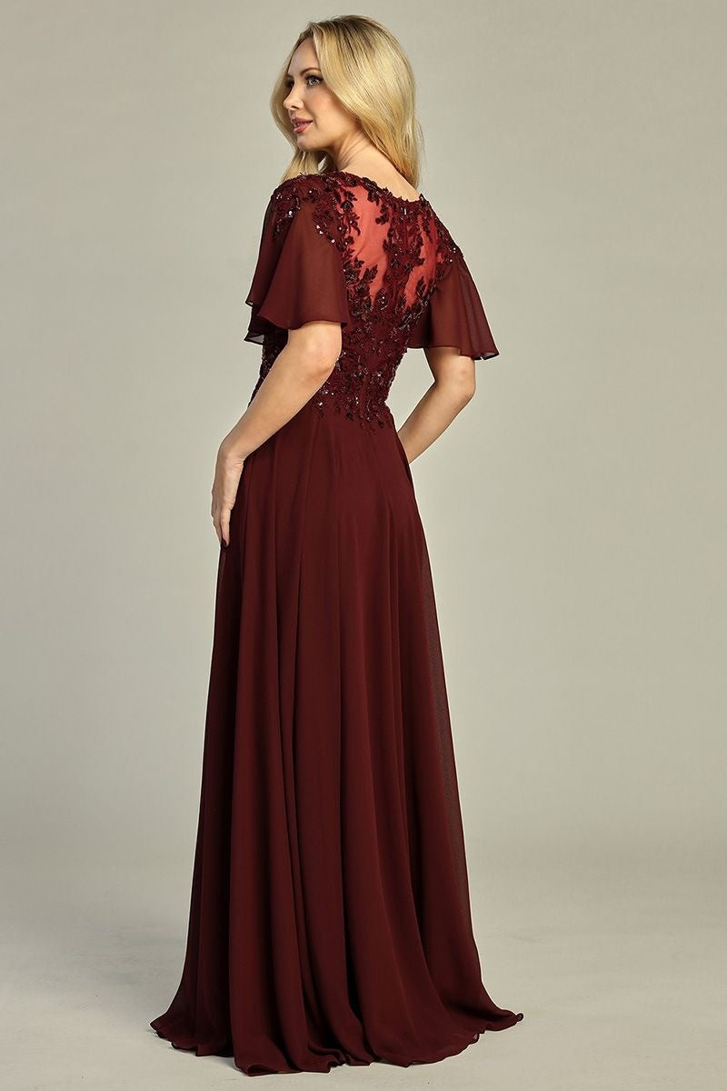 Burgundy short sleeve chiffon a-line mother of the bride gown, back view