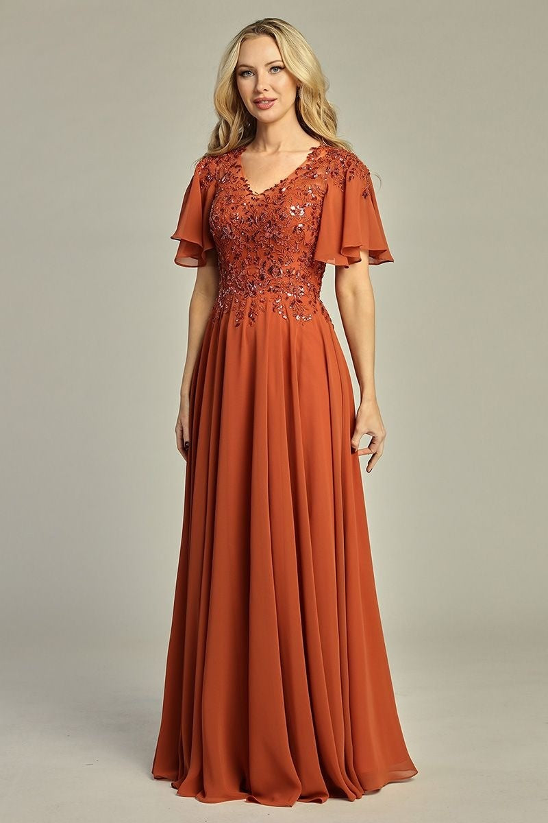 Copper short sleeve chiffon a-line mother of the bride gown, front view