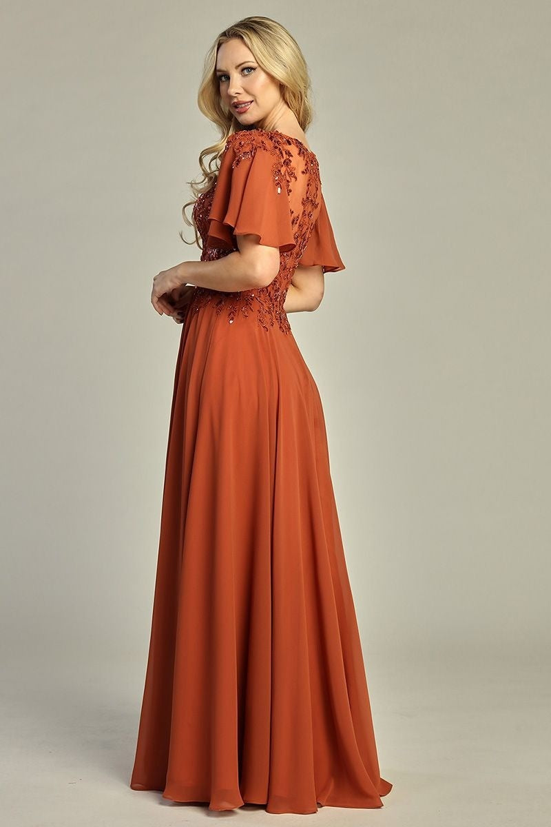 Copper short sleeve chiffon a-line mother of the bride gown, back view